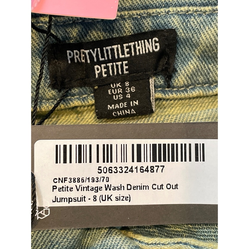 PrettyLittleThing Petite Vintage Wash Denim‎ Cut Out Jumpsuit Ripped Size 4 New - Picture 3 of 16